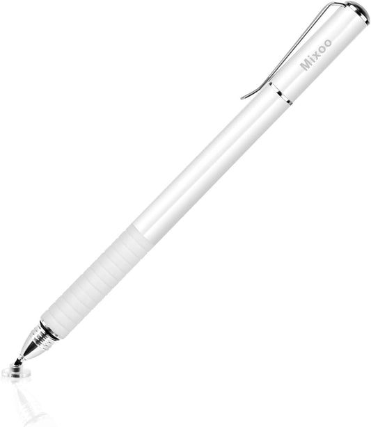 Mixoo Stylus Pens for Touch Screens - Disc & Fiber Tip 2 in 1 High Sensitivity Universal Stylus for iPad, iPhone, Tablets and Other Capacitive Touch Screens (White)