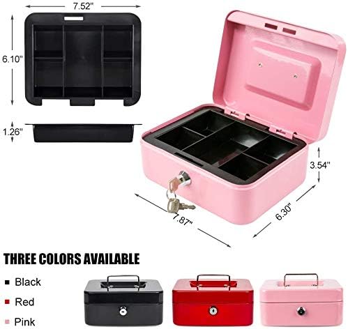xydled Locking Steel Medium Cash Box with Removable Coin Tray and Key Lock,7.87"x 6.30"x 3.54",Pink