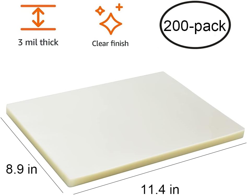 FungLam Thermal Laminating Pouches, 8.9 x 11.4-Inches, 3 mil Thick, 200-Pack, Clear Thermal Laminating Plastic Paper Laminator Sheets