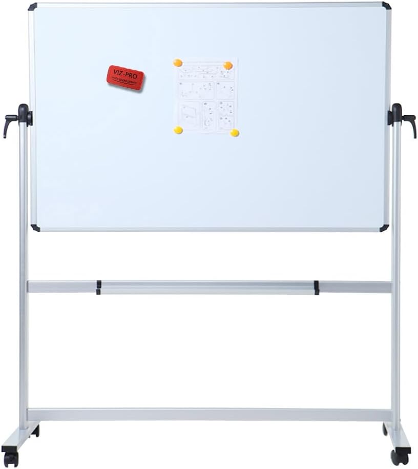 VIZ-PRO Double-Sided Magnetic Mobile Whiteboard, 48 x 36 Inches, Aluminium Frame and Stand