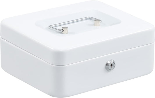 xydled Locking Steel Medium Cash Box with Removable Coin Tray and Key Lock,7.87"x 6.30"x 3.54",White