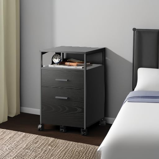 DEVAISE 2 Drawer File Cabinet with Lock and Charging Station, Wood Filing Cabinet fits A4 or Letter Size, Mobile Printer Stand with Open Storage Shelf for Home Office, Black