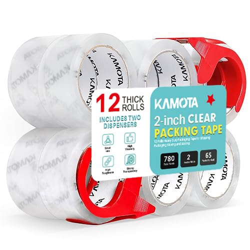 KAMOTA Packing Tape, 12 Rolls Heavy Duty Clear Packaging Tape for Shipping Packaging Moving Sealing, 2 inches Wide, 65 Yards Per Roll, Total 780 Yards with 2 Dispensers