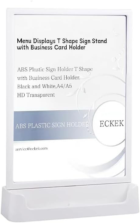 ABS Plastic Sign Holder, Menu Displays T Shape Sign Stand with Business Card Holder, Plastic Display Stand for Ads, Menu, Photos, Business Card (White A4 210×297mm/8.27×11.69 inches)
