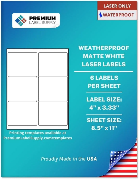 Premium Label Supply Waterproof Matte White Sticker Labels – 4" x 3.33" – Laser Printers Only – (6 per Sheet), 1000 Sheets - 6,000 Total Adhesive Labels
