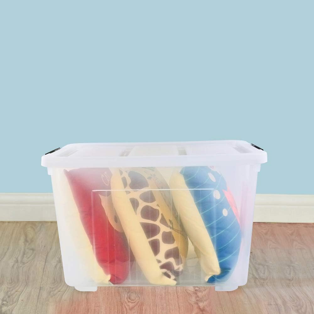 4-Pack 70 L Large Clear Storage Boxes, Plastic Latching Boxes with Wheeles