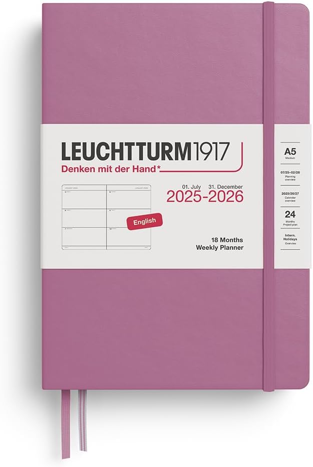 LEUCHTTURM1917 - Weekly Planner Hardcover Medium (A5), 18-month, Jul. 2025 - Dec. 2026, English, Dusty Rose
