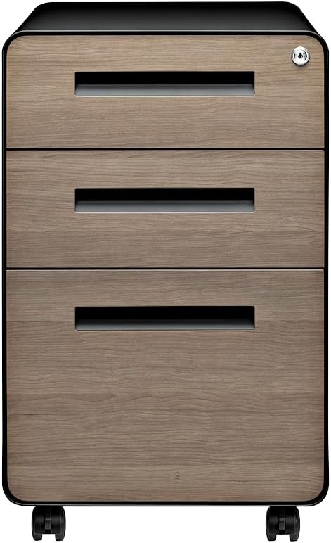 Laura Davidson Furniture Stockpile 3 Drawer File Cabinet with Lock - Under Office Desk Metal Filing Cabinet, Legal/Letter File Folders, Wheels and Stationary Feet, Pre-Assembled, Black/Wood
