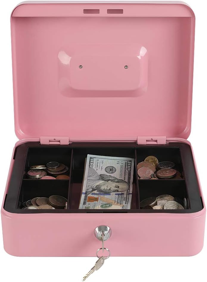 xydled Locking Steel Large Cash Box with Removable Coin Tray and Key Lock,9.84"x 7.87"x 3.54",Pink