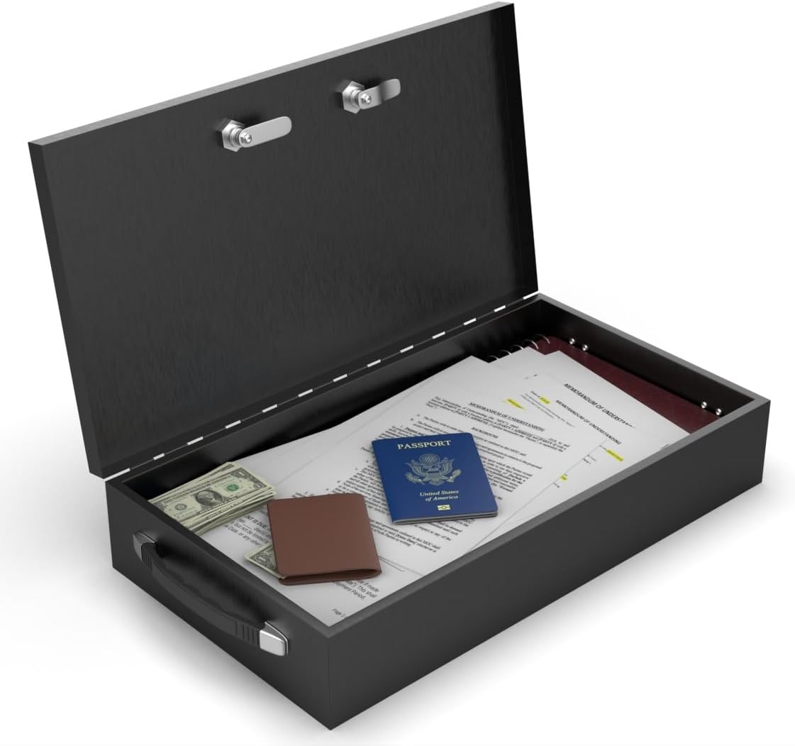 Fire Retardant Large Strong Box, Dual Combination and Key Lock Steel Security Chest Fits Legal Documents & More Flat, Fire Resistant to Safeguard Vitals, 0.43 Cubic Ft, 18" x 10" x 3.5" Interior