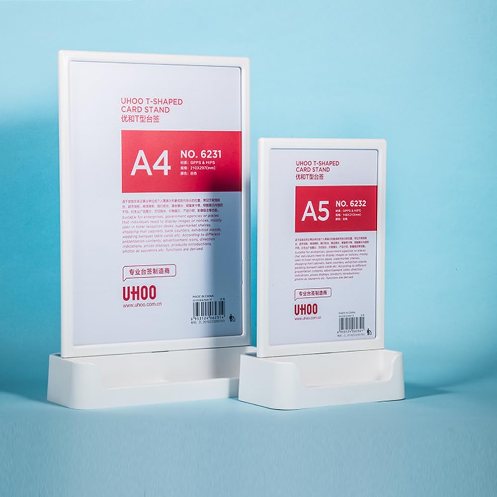 ABS Plastic Sign Holder, Menu Displays T Shape Sign Stand with Business Card Holder, Plastic Display Stand for Ads, Menu, Photos, Business Card (Black A4 210×297mm/8.27×11.69 inches)