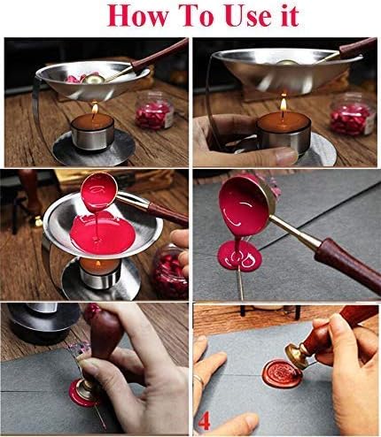 Vintage 4 Designs Custom Wedding Wax Seal Stamp Kit Name Date Letter Monogram Melting Spoon Stick Candle Rosewood Handle Invitation Gift Wrap Customize Personalized Word Sealing Wax Stamp Set