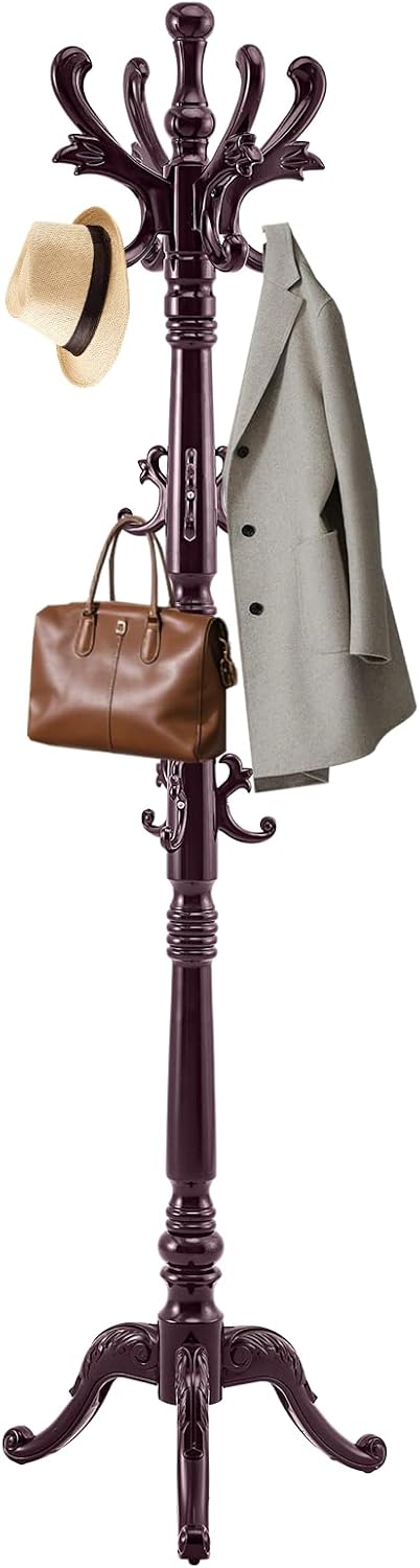 EZIVIEZ Wooden Coat Rack Stand, Solid Wood Freestanding Coat Rack, Vintage Coat Racks with 14 Hooks & Triangle Base, Heavy Duty Standing Coat Hanger Jacket Tree Stand for Office, Entryway, Hallway