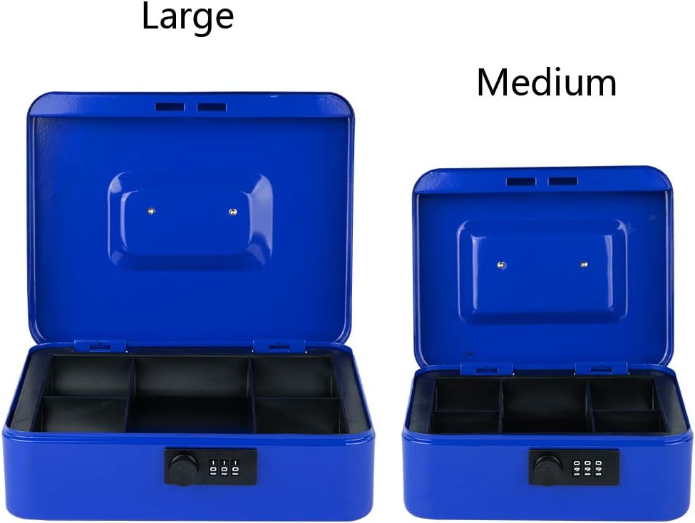 KYODOLED Cash Box with Combination Lock,Safe Metal Box for Money,Storage Lock Box with Money Tray,7.87"x 6.30"x 3.54" Blue Medium