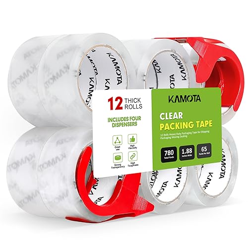 KAMOTA Packing Tape, 12 Rolls Heavy Duty Clear Packaging Tape for Shipping Packaging Moving Sealing, 1.88 inches Wide, 65 Yards Per Roll, Total 780 Yards with 2 Dispensers