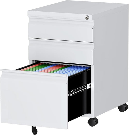 Letaya 3 Drawer Mobile File Cabinet with Lock, Under Desk Metal Rolling Filing Cabinets for Home Office Organizer Letters/Legal/A4 (White- Requires Installation) (White)
