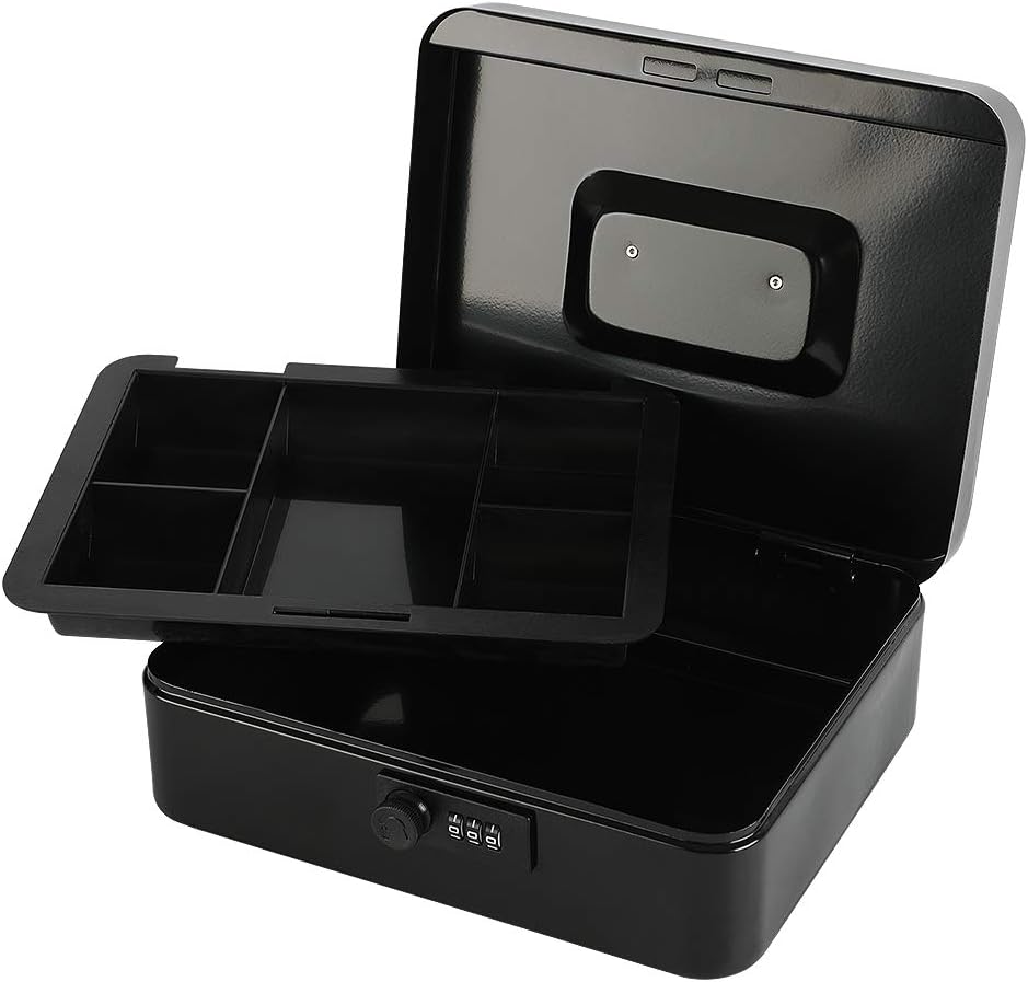 xydled Steel Cash Box Safe with Combination Lock,Money Safe Box with Removable Coin Tray,Large,9.84"x 7.87"x 3.54",Black