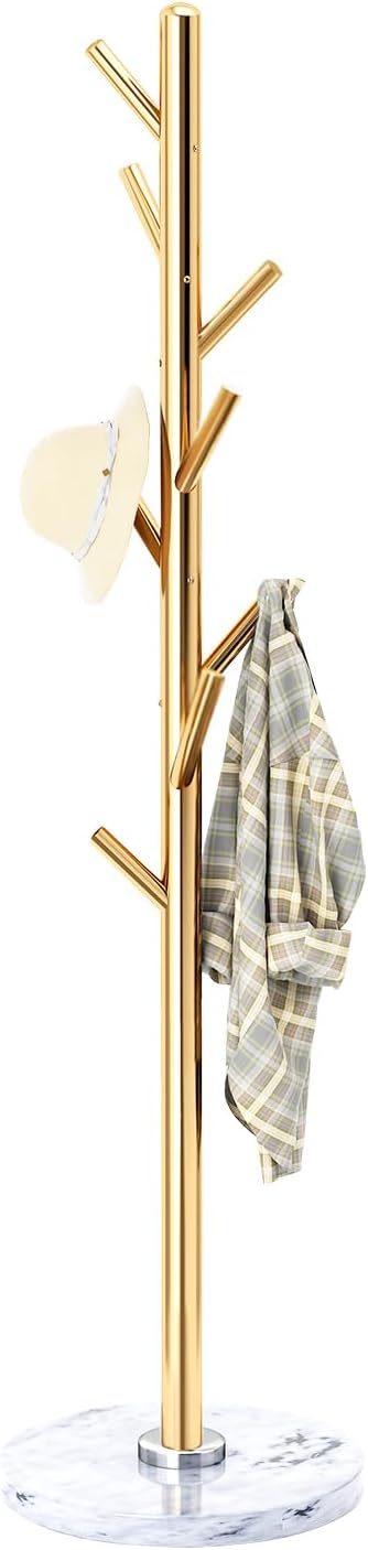 Coat Rack with Natural Marble Base, Solid Stainless Steel Coat Racks Freestanding, Coat Rack Stand with 8 Hooks, Coat Tree Hats Hanger for Entryway, Hallway (Golden)