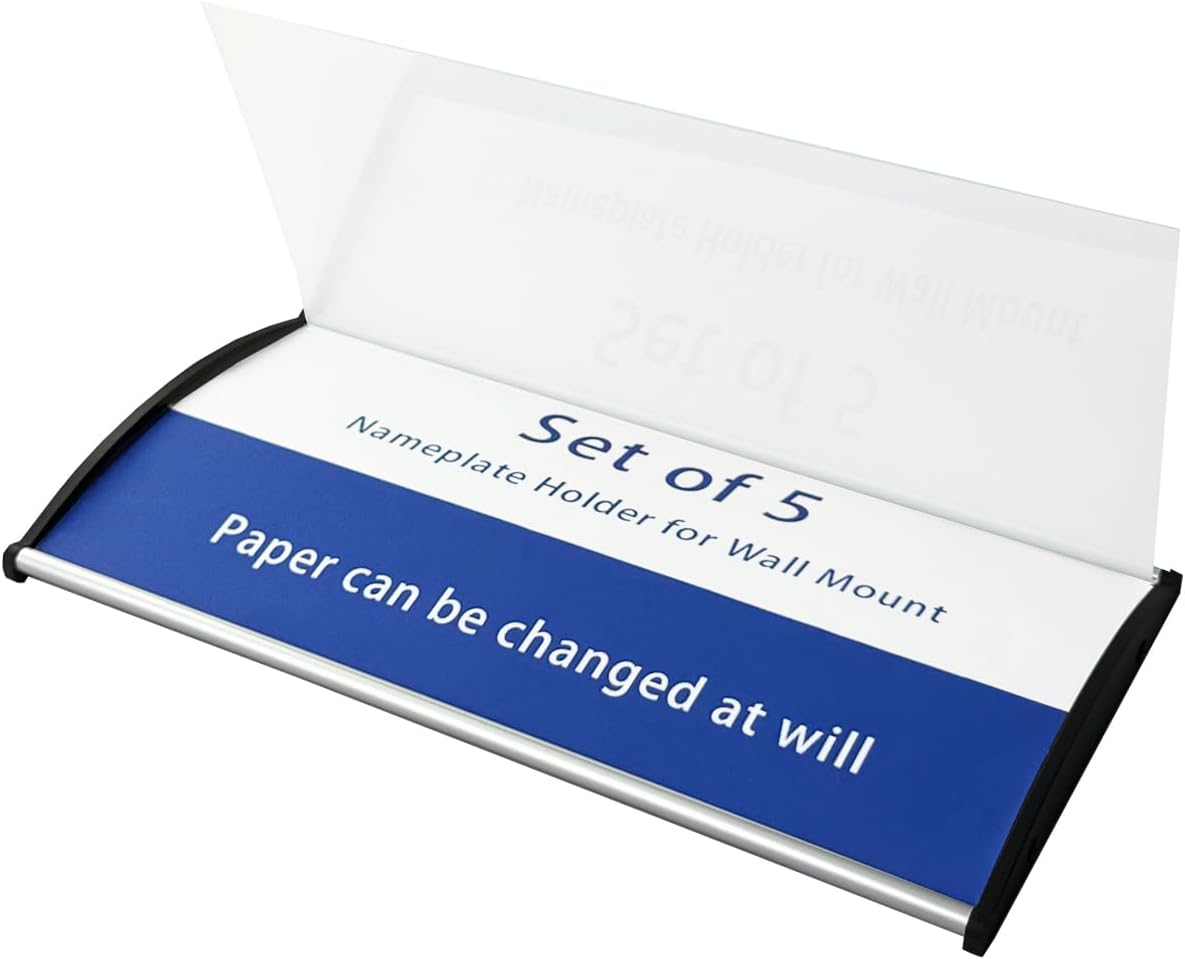 Set of 5 Curved Name Plate Holder 8" x 4" Wall Mount Office Business Door Sign Holder Aluminum Sturdy Office Sign Frame with Adhesive Tape Film for Business Cubicle Custom Display - Silver