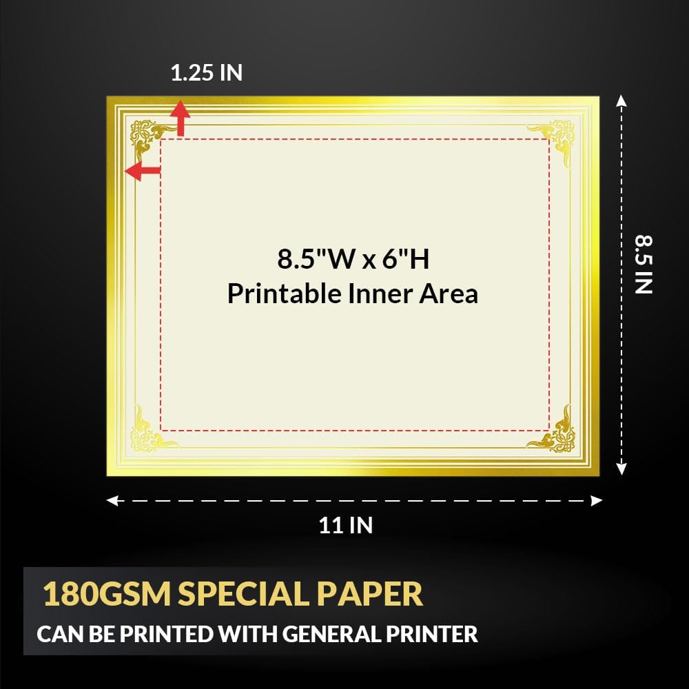 SUNEE 50 Sheets Certificate Papers - Blank Gold Foil Border, Letter Size 8.5x11 for Diploma, Certificates, Participation Awards, Document Cardstock Paper and Inkjet Printer Friendly