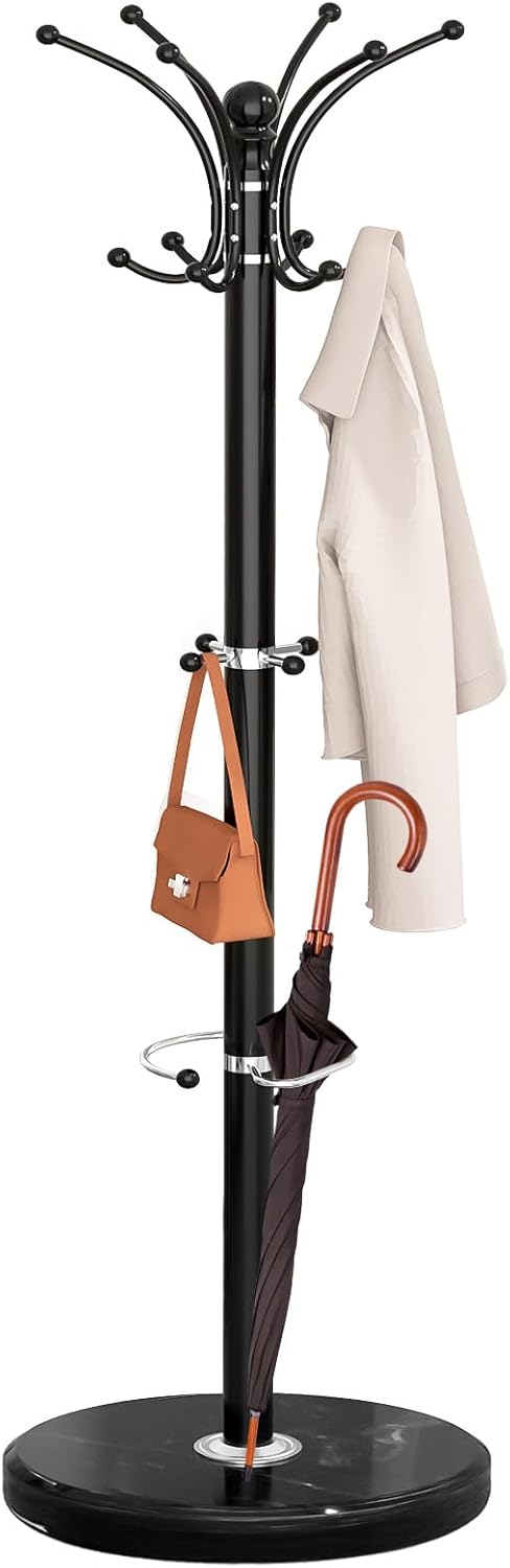 Coat Rack Freestanding with Marble Base, Heavy Duty Clothes Tree with Hooks and Umbrella Storage, Metal Hall Holder for Hanging Jacket, Hats, Scarf, Bag, Suitable for Entryway,Bedroom