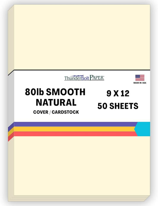 50 Natural Smooth Card Stock Sheets Paper - 9 X 12 Inches Frame and Sketch Pad Size - 80# (80 lb/Pound) Cover Weight - Quality Paper - Smooth Finish