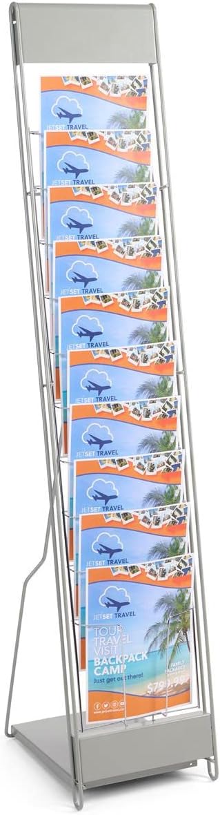 Portable Literature Stand with 10 Pockets for 8.5x11 Magazines, Carrying Bag Included, 54"h Floor-Standing Magazine Rack with Tiered Design, Steel (Silver)