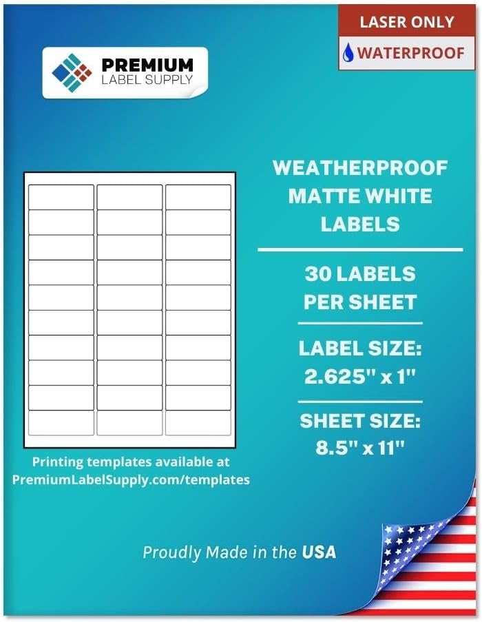 Premium Label Supply Waterproof White Address Sticker Labels – 2.625" x 1" – Laser Printers Only – (30 per Sheet), 500 Sheets - 15,000 Total Adhesive Labels