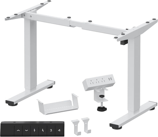 FLEXISPOT Standing Desk Frame with Clamp Power Strip and Cable Management Tray, Electric Sit Stand Desk Base with Memory Controller for Home and Office (White Frame Only)