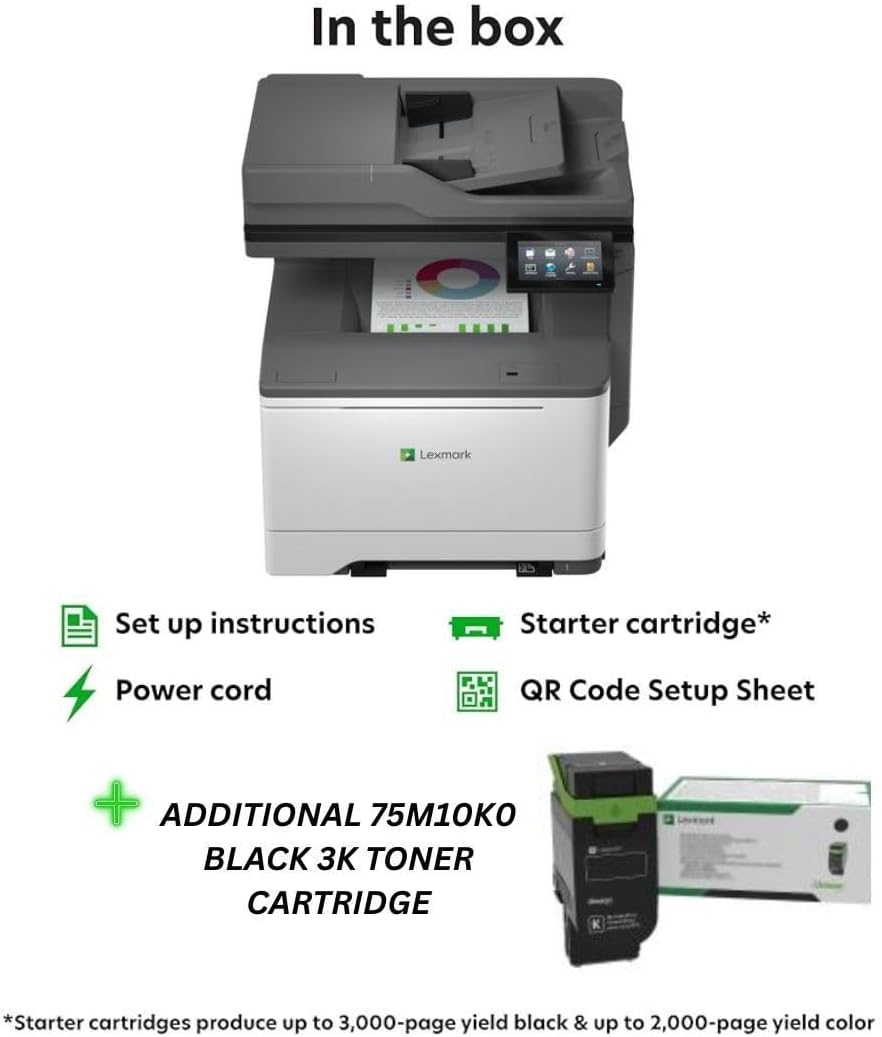 Lexmark CX532adwe Color Laser Wireless All-in-One Printer with Touch Screen, (50M7040) Bundle 75M10K0 Black 3K Yield Toner Cartridge