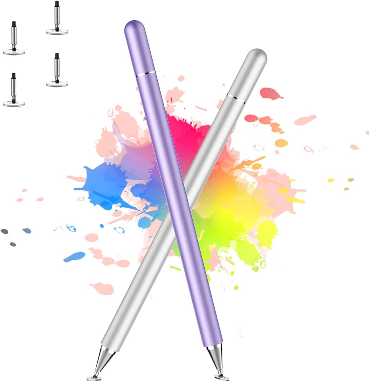 Stylus Pen for iPad, LUNTAK Stylus Pens for Apple/iPhone/Ipad pro/Mini/Air/Android/Microsoft/Surface All Capacitive Touch Screens Universal with 4 Replacement Tips (2 Pcs, Purple and Silver)