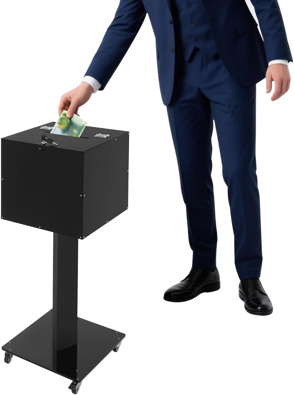 Suggestion Box with Stand, Floor Standing Offering Box with Wheels, Acrylic Locking Ballot Collection Safe Box for Voting Contest Charity Donation Church Election (Black (Bar Opening))