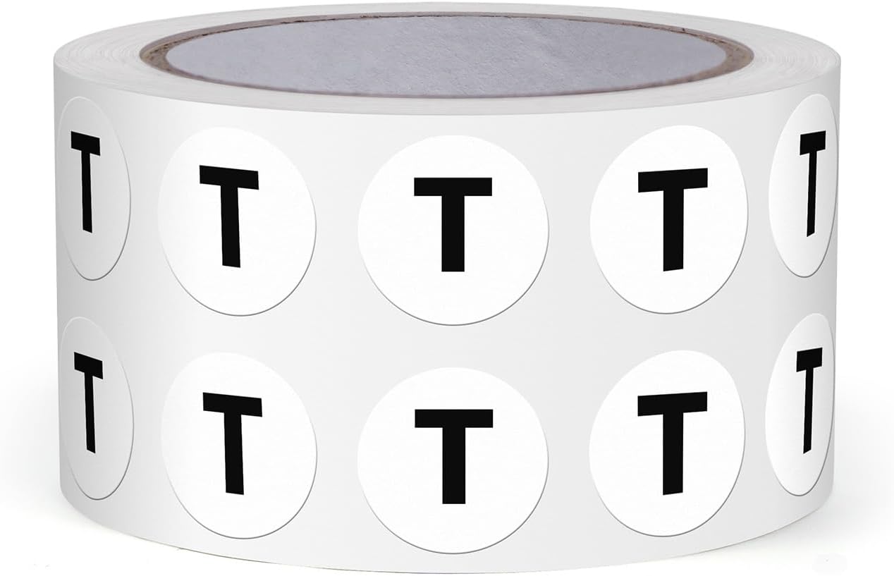Letter T Round Stickers 0.5 Inch Vinyl Circle Capital Alphabet Labels Self-Adhesive Removable Waterproof Dots Tags for Home Office Inventory 1000 PCS