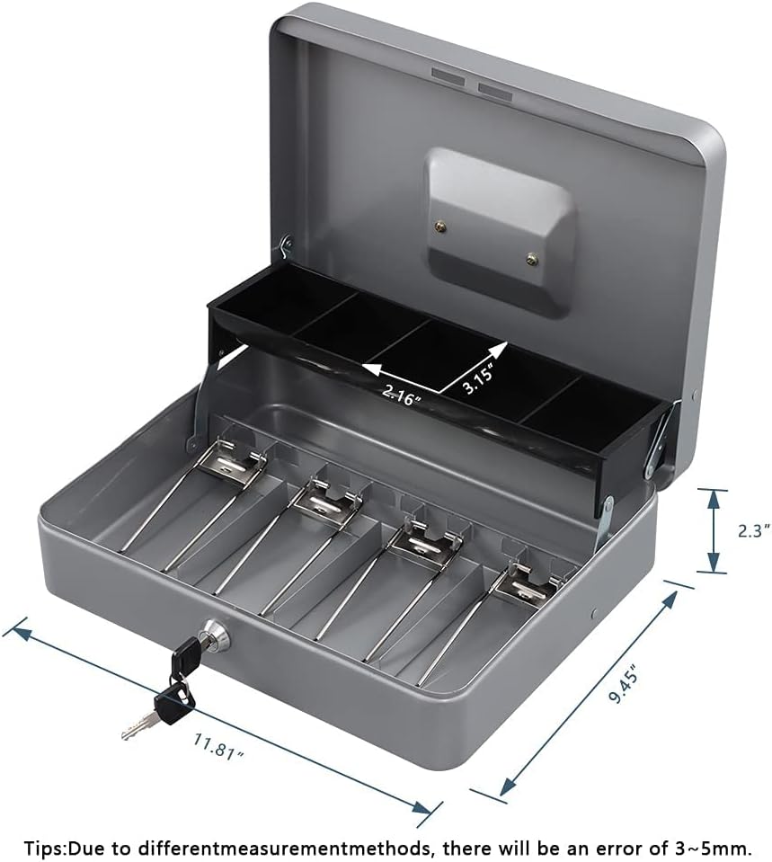 KYODOLED Locking Cash Box with Lock,Money Box with Cash Tray,Lock Safe Box with Key Money Saver,Money Saving Organizer,11.81Lx 9.45Wx 3.54H Inches,Lightgrey XL Large