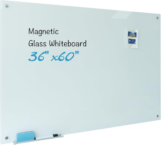 Magnetic Glass Dry Erase Board 36"x60" Glass Whiteboard 36"x60" Wall Mounted White Glassboard Frameless Writing GlassBoard for Office School Home Shop