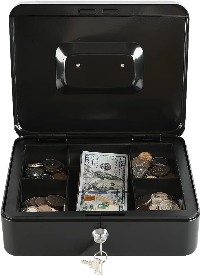 xydled Locking Steel Medium Cash Box with Removable Coin Tray and Key Lock,7.87"x 6.30"x 3.54",Black