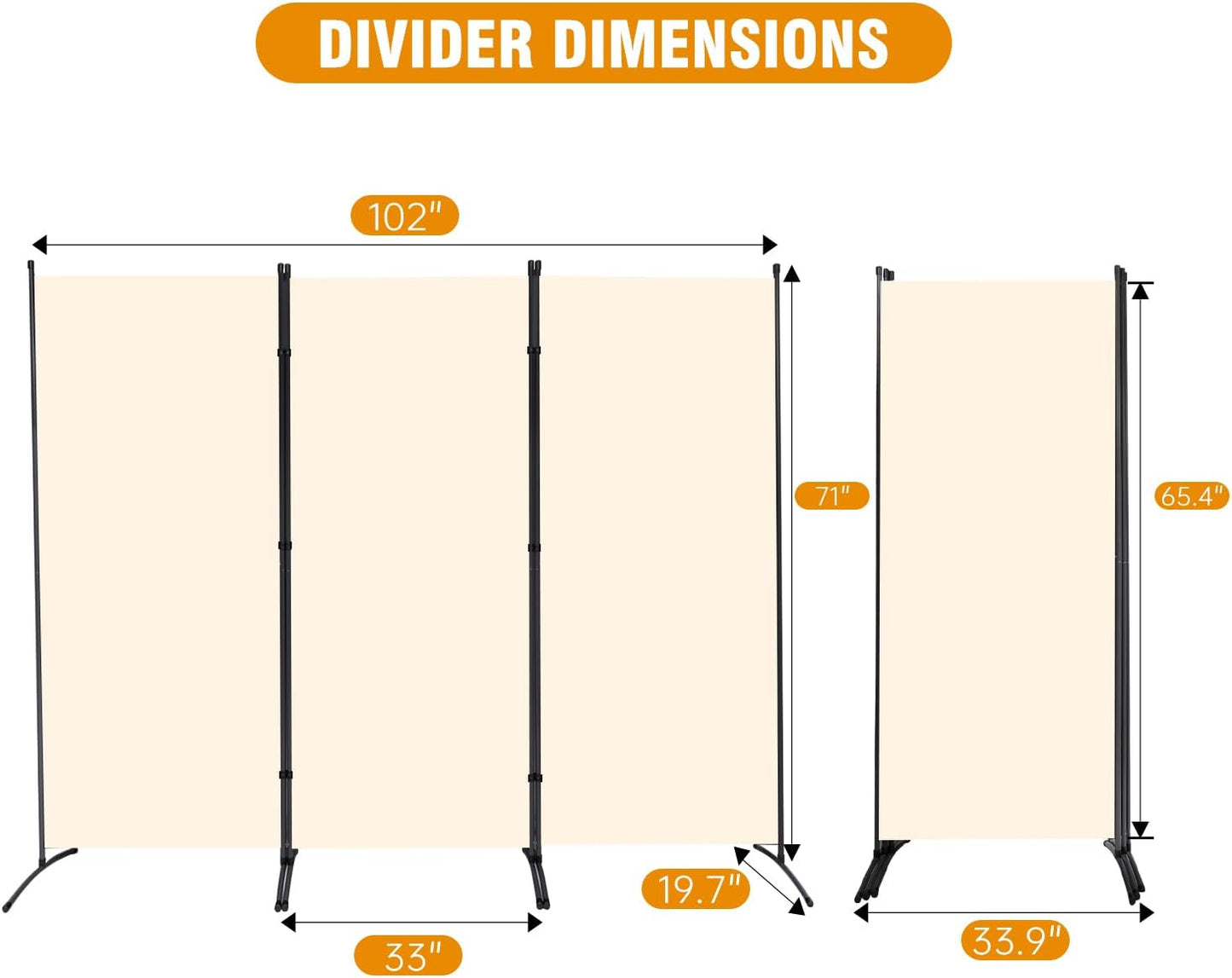 3 Panel Folding Privacy Screens, 6 FT Tall Wall Divider with Metal Frame, Freestanding Room Divider for Office Bedroom Study (3 Panel, Beige)