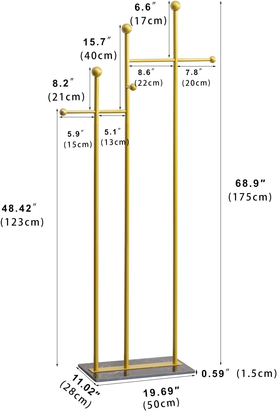 Standing Coat Rack with Marble Base Heavy Duty Clothes Hanger Rack Metal Coat Tree for Clothes Hats Scarfs Purses 19.69 x 11.02 x 68.9 Inches (Gold)