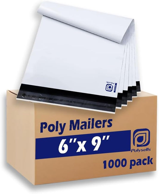 POLYSELLS 1000 6x9 Inch White Pack Poly Mailers Shipping Envelopes, Strong Adhesive Sealing, Waterproof, and Tear-resistant Postal Mailing Bags. Mailer Bags for clothing, books, and accessories