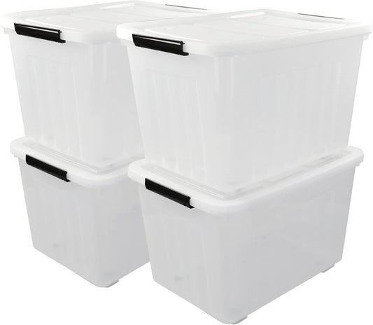 4-Pack 70 L Large Clear Storage Boxes, Plastic Latching Boxes with Wheeles