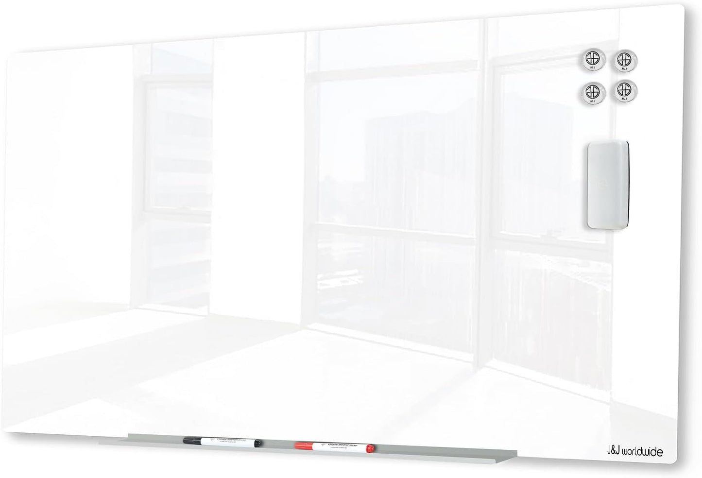 J&J worldwide Glass Whiteboard, Magnetic Brilliance White Dry Erase Board 36" x 60" Invisible Mount, Includes Markers, Marker Tray, Eraser for Wall, Office, Home, School