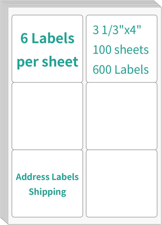 6 UP Labels, 4" x 3-1/3" Shipping Address Labels for Laser Inkjet Printer, Self Adhesive, Blank Mailing Sticker Paper (2000 Sheet=12000)