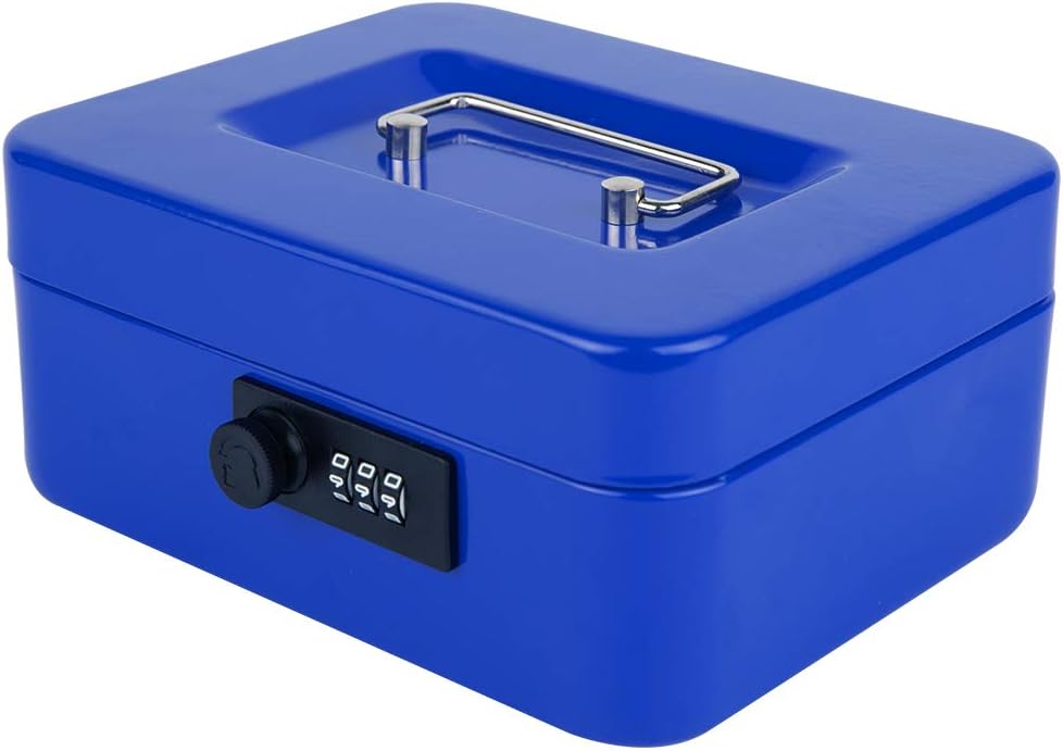 KYODOLED Cash Box with Combination Lock,Safe Metal Box for Money,Storage Lock Box with Money Tray,7.87"x 6.30"x 3.54" Blue Medium