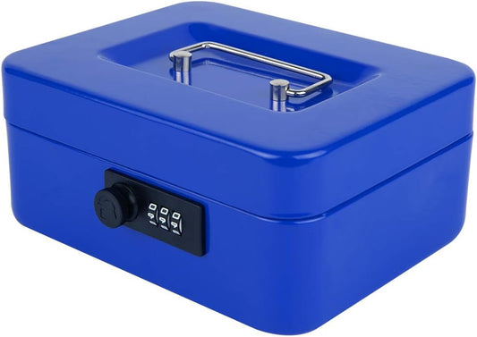 KYODOLED Cash Box with Combination Lock,Safe Metal Box for Money,Storage Lock Box with Money Tray,7.87"x 6.30"x 3.54" Blue Medium