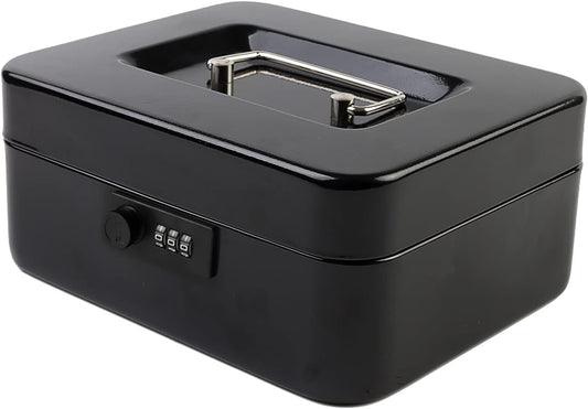 KYODOLED Cash Box with Combination Lock Safe Metal Money Box with Money Tray for Security Lock Box 7.87"x 6.30"x 3.35" Black