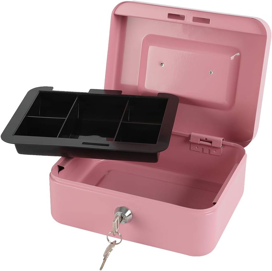xydled Locking Steel Medium Cash Box with Removable Coin Tray and Key Lock,7.87"x 6.30"x 3.54",Pink
