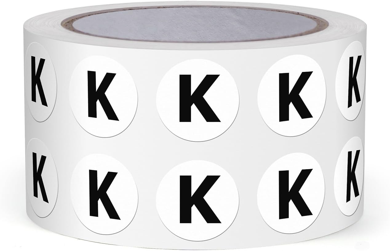 Letter K Round Labels 0.5 Inch Vinyl Circle Capital Alphabet Stickers Self-Adhesive Removable Waterproof Dots Tags for Home Office Inventory 1000 PCS
