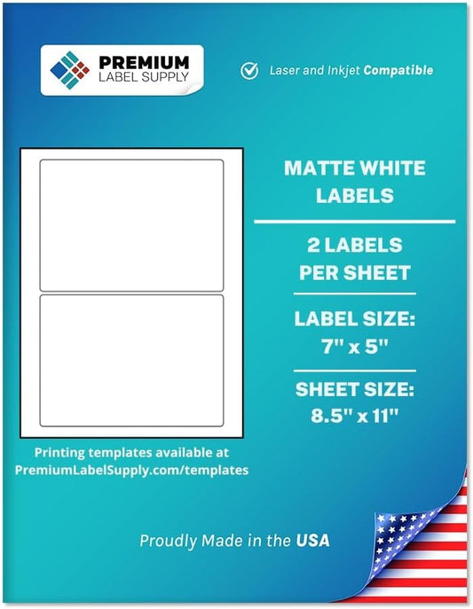 Premium Label Supply White Sticker Shipping Labels – 7" x 5" – Laser/Inkjet Compatible – (2 per Sheet), 25 Sheets – 50 Total Adhesive Labels