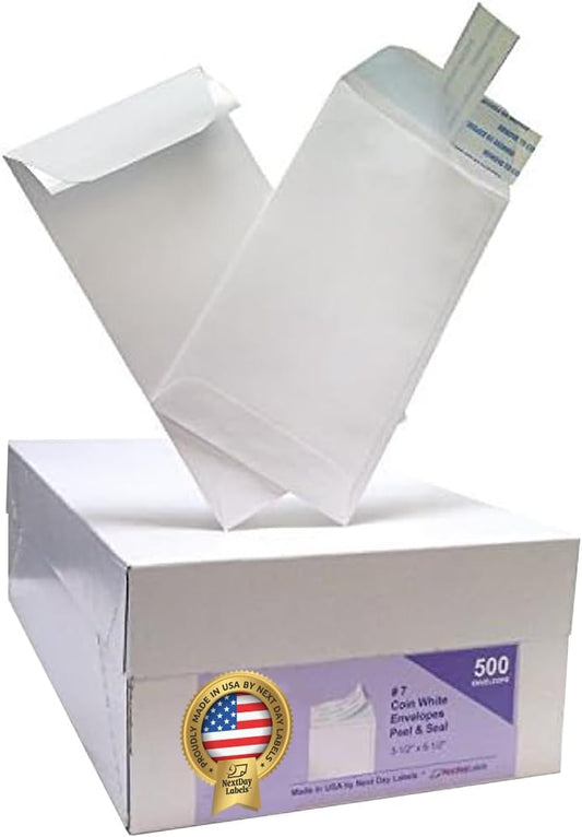 NextDay Labels #7 Coin Envelopes - 500-Pack White Peel & Seal Money Envelopes for Cash, Coins, Jewelry, or Small Parts - Durable White Paper Cash for Home, Office, or Business Use - Made in USA