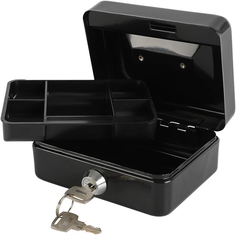xydled Locking Steel Mini Cash Box with Removable Coin Tray and Key Lock for Kids,4.92" x 3.74" x 2.36",Black